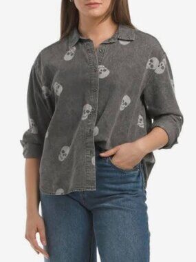 NEW Jane Delaney Shirt Women’s MEDIUM Washed Gray Long Sleeve Button Up blouse